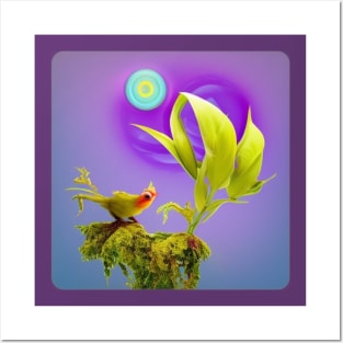 A.I. Generated Alien Plant with Bird and Blue Sun Posters and Art